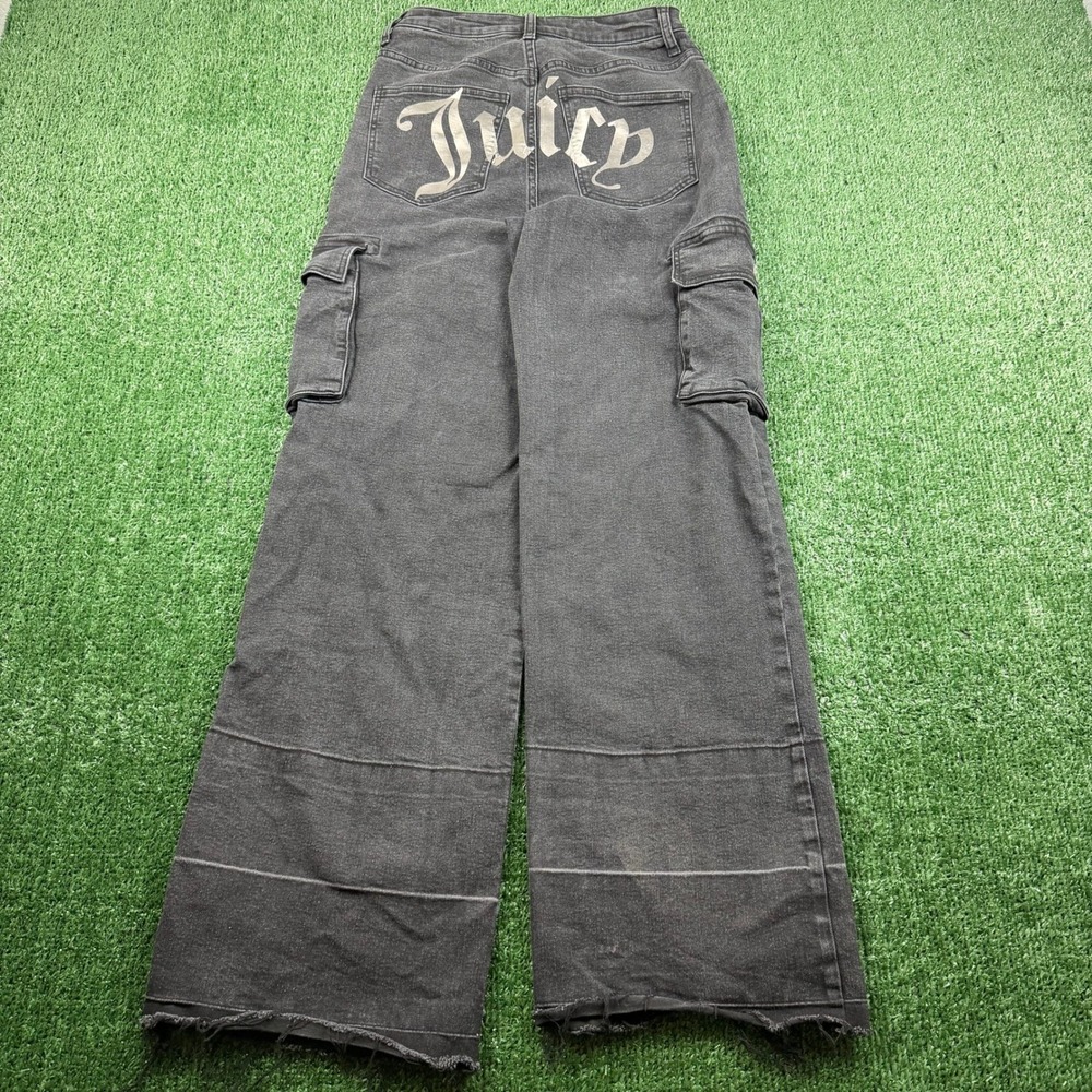 Juicy Couture Black Cargo Jeans Wide Leg Logo Back 3/26 Y2K Utility Pants